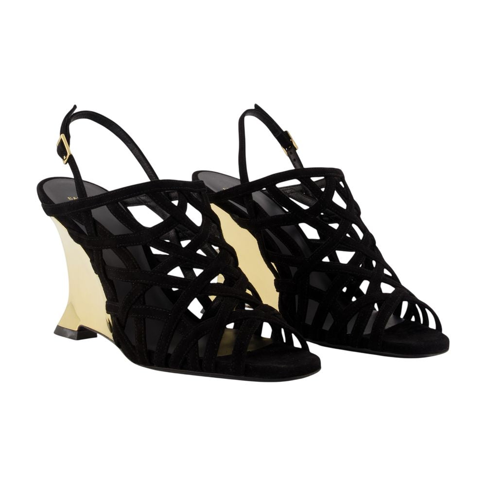 Balmain Caged Suede Wedge Sandal — Black