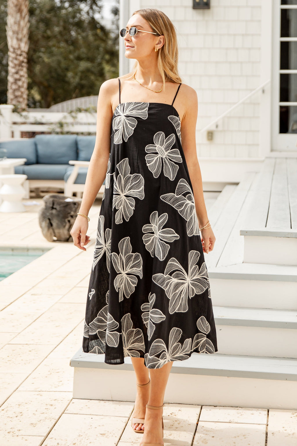 Tropical Destination Embroidered Floral Linen Midi Dress
