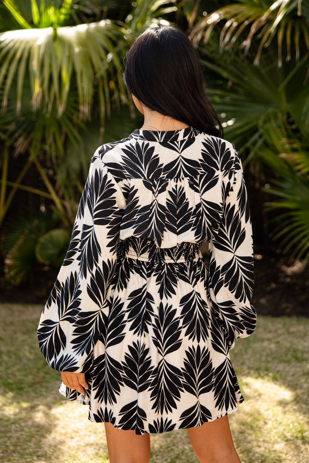 Freely Flowing Black Palm Print Mini Dress