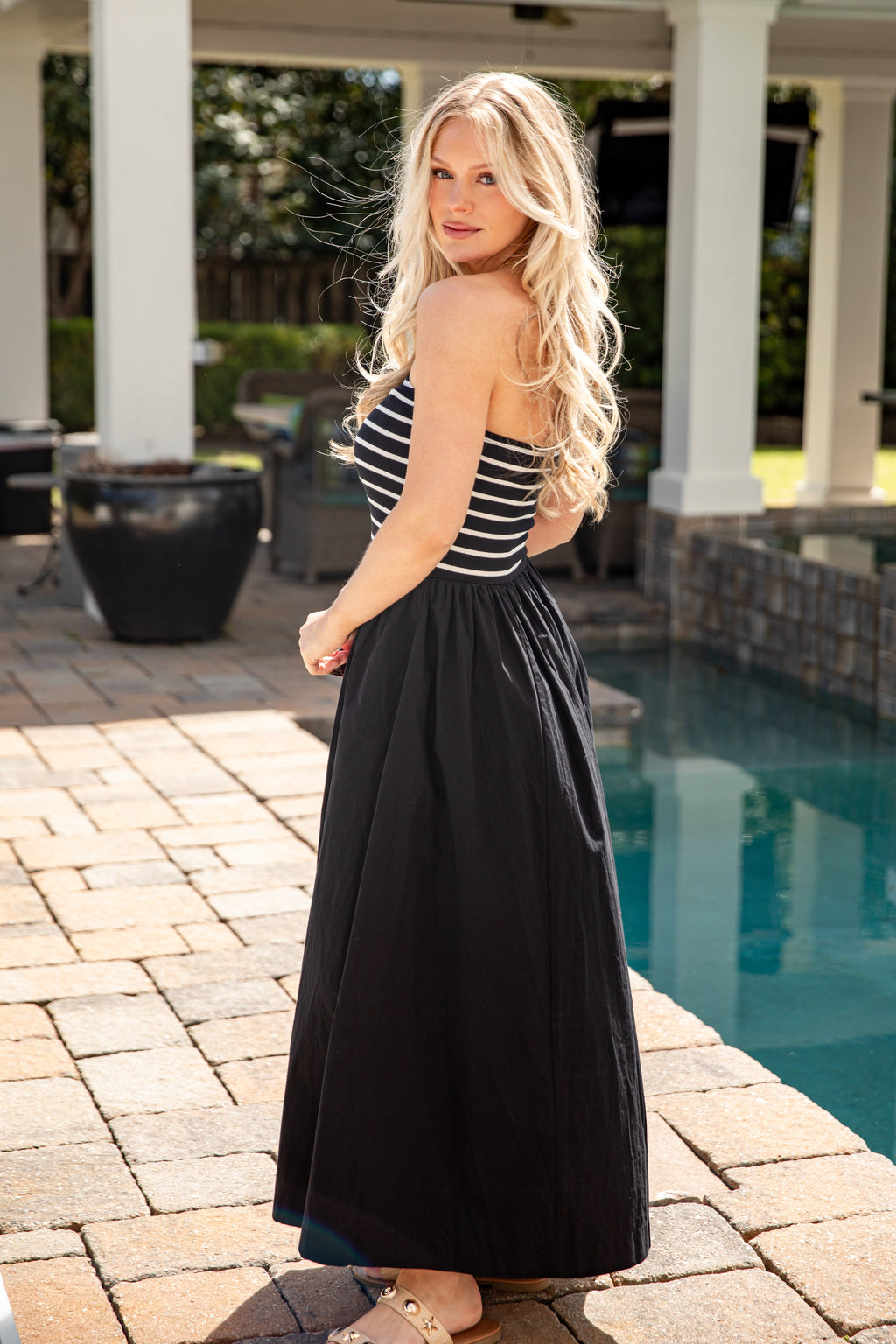 FINAL SALE - Timeless Style Striped Strapless Black Maxi Dress