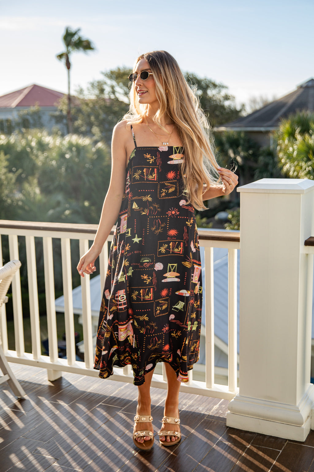 Tropical Lifestyle Printed Black Midi Dress