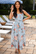 Calm And Composed Blue Floral Smocked Midi Dress