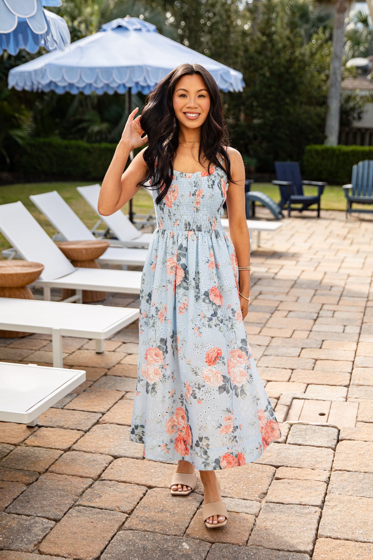 Calm And Composed Blue Floral Smocked Midi Dress