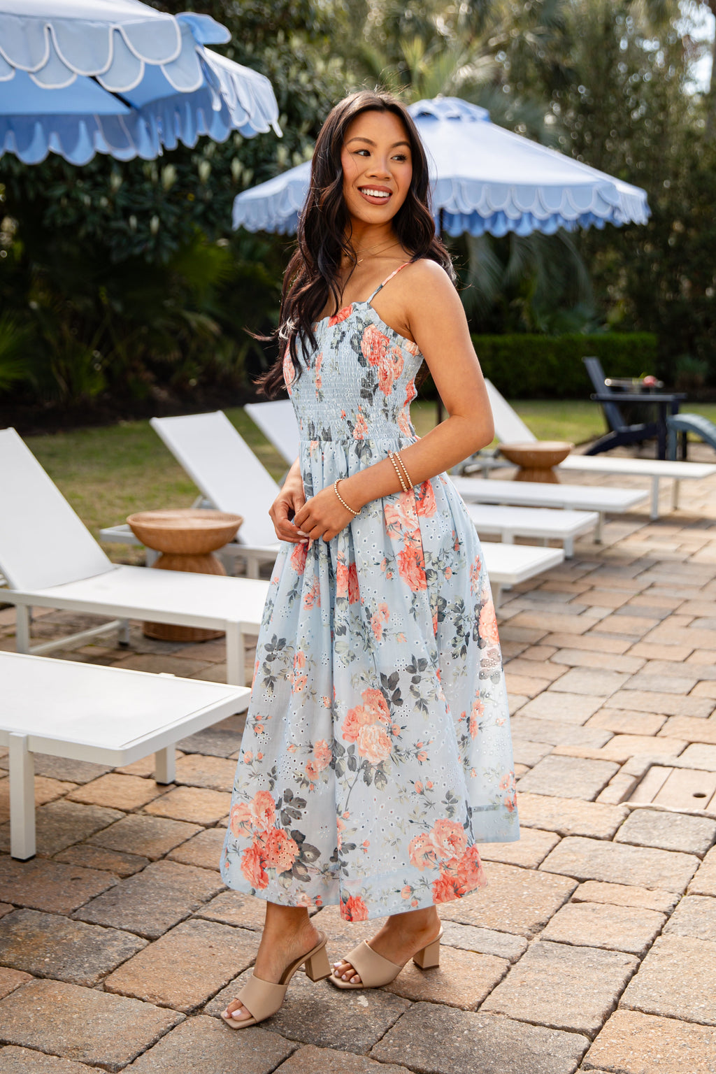 Calm And Composed Blue Floral Smocked Midi Dress
