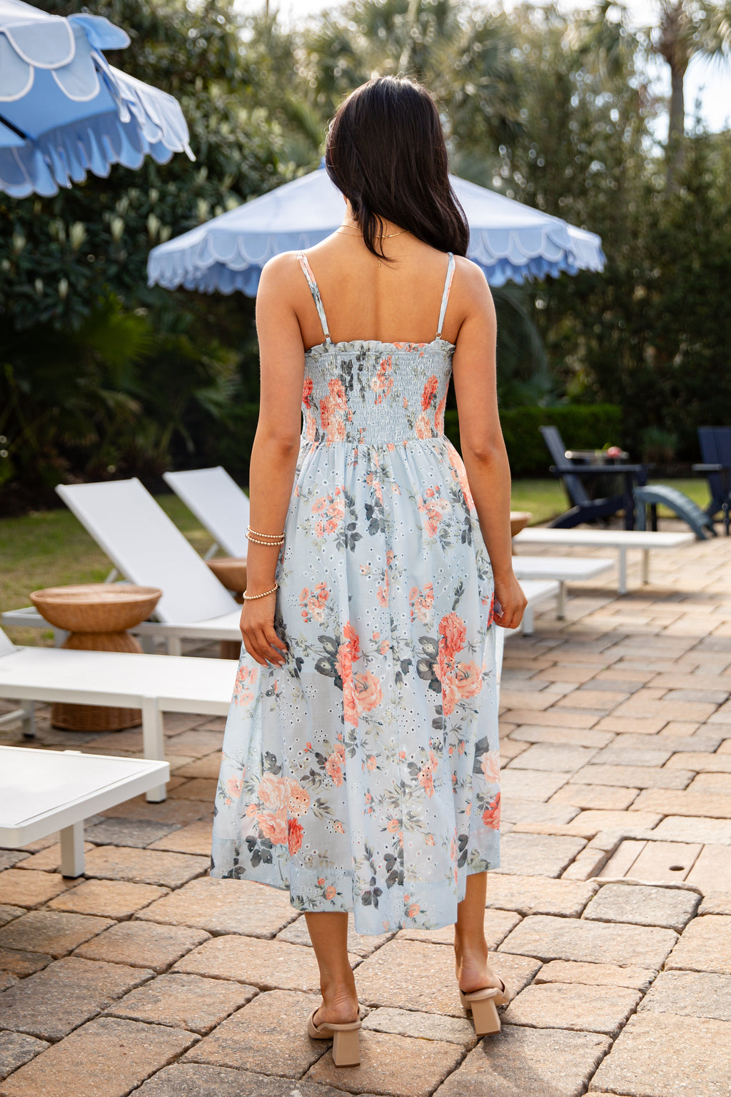 Calm And Composed Blue Floral Smocked Midi Dress