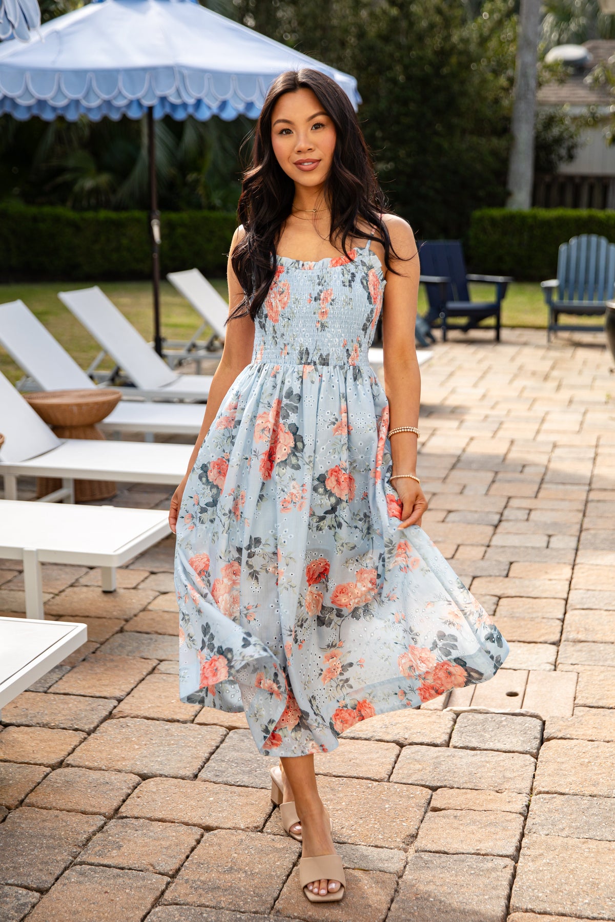 Calm And Composed Blue Floral Smocked Midi Dress