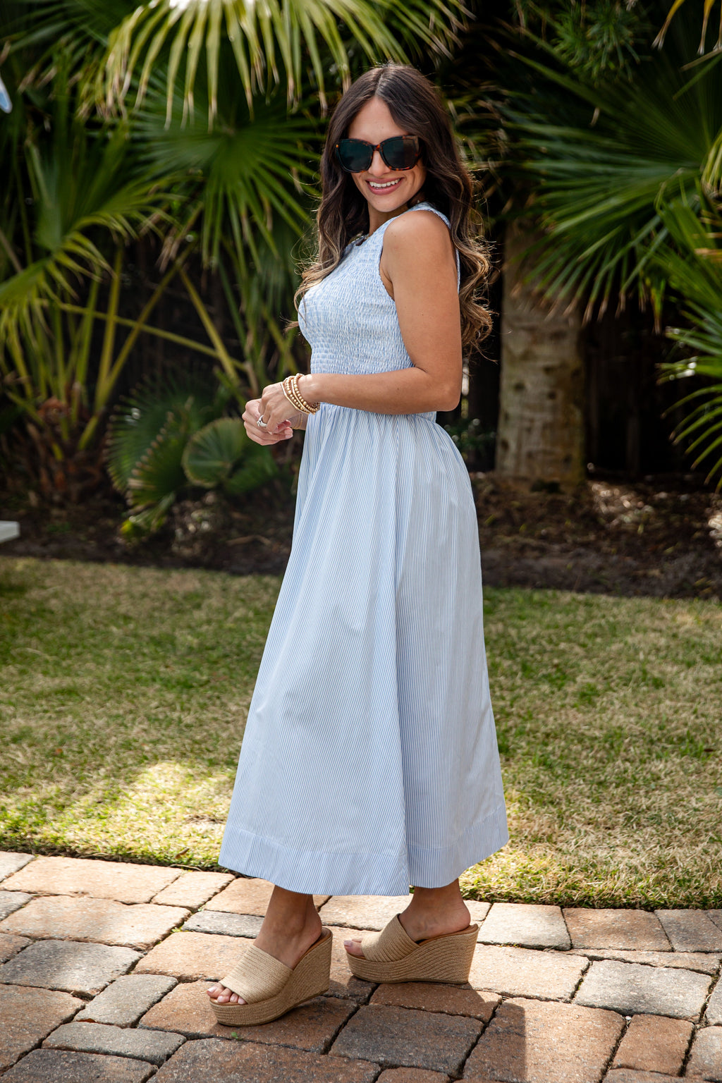 Sweet Serenity Stripe Smocked Midi Dress