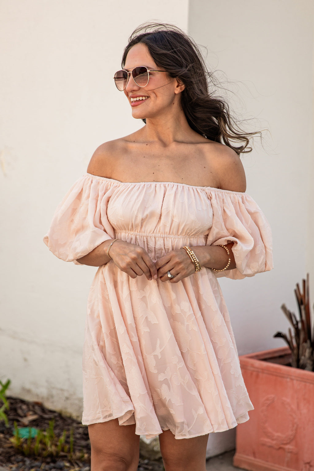 Blushing Belle Puff Sleeve Jacquard Mini Dress