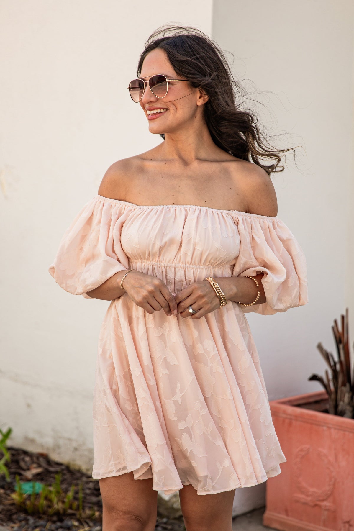 Blushing Belle Puff Sleeve Jacquard Mini Dress