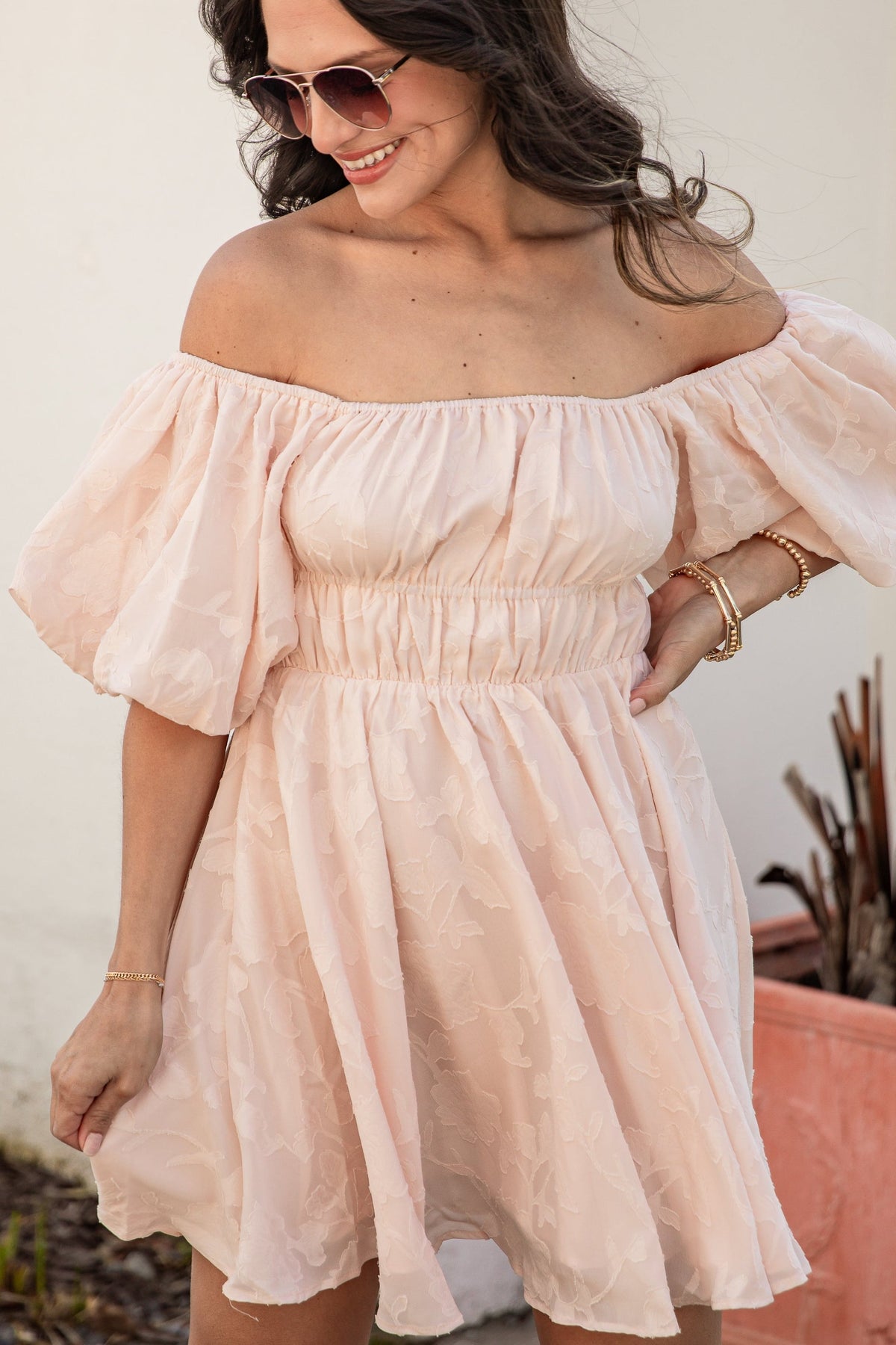 Blushing Belle Puff Sleeve Jacquard Mini Dress
