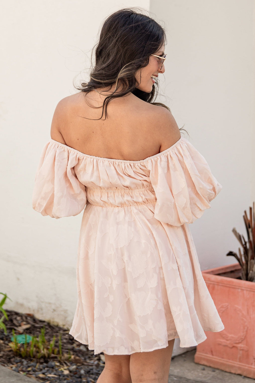 Blushing Belle Puff Sleeve Jacquard Mini Dress