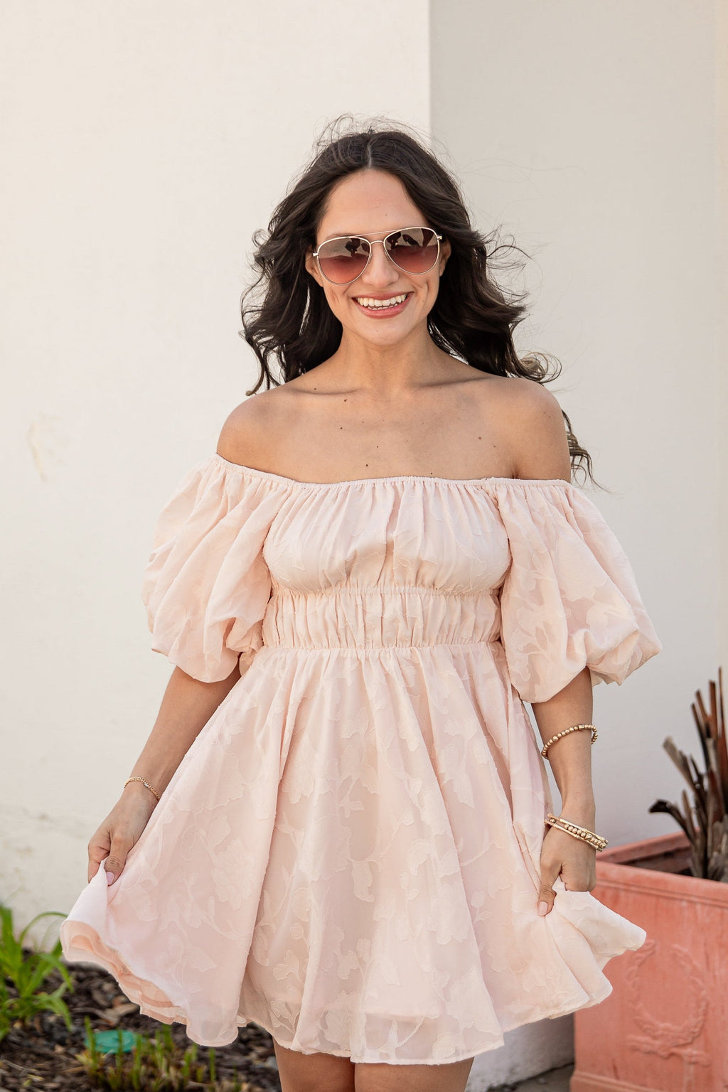 Blushing Belle Puff Sleeve Jacquard Mini Dress