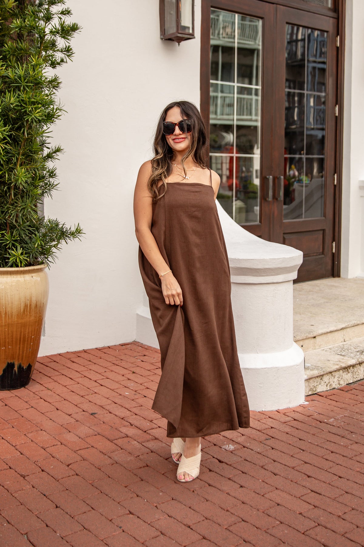 Balcony Moment Brown Linen Midi Dress