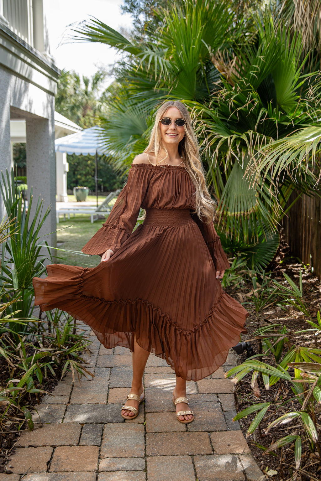 Elegant Charm Pleated Brown Maxi Dress