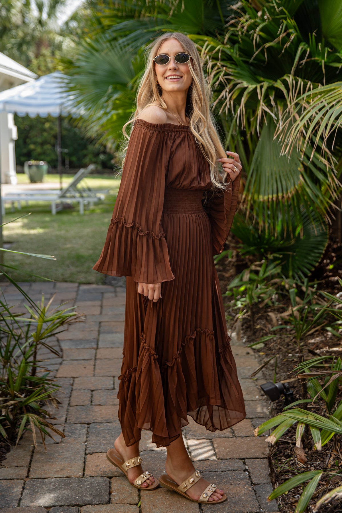 Elegant Charm Pleated Brown Maxi Dress