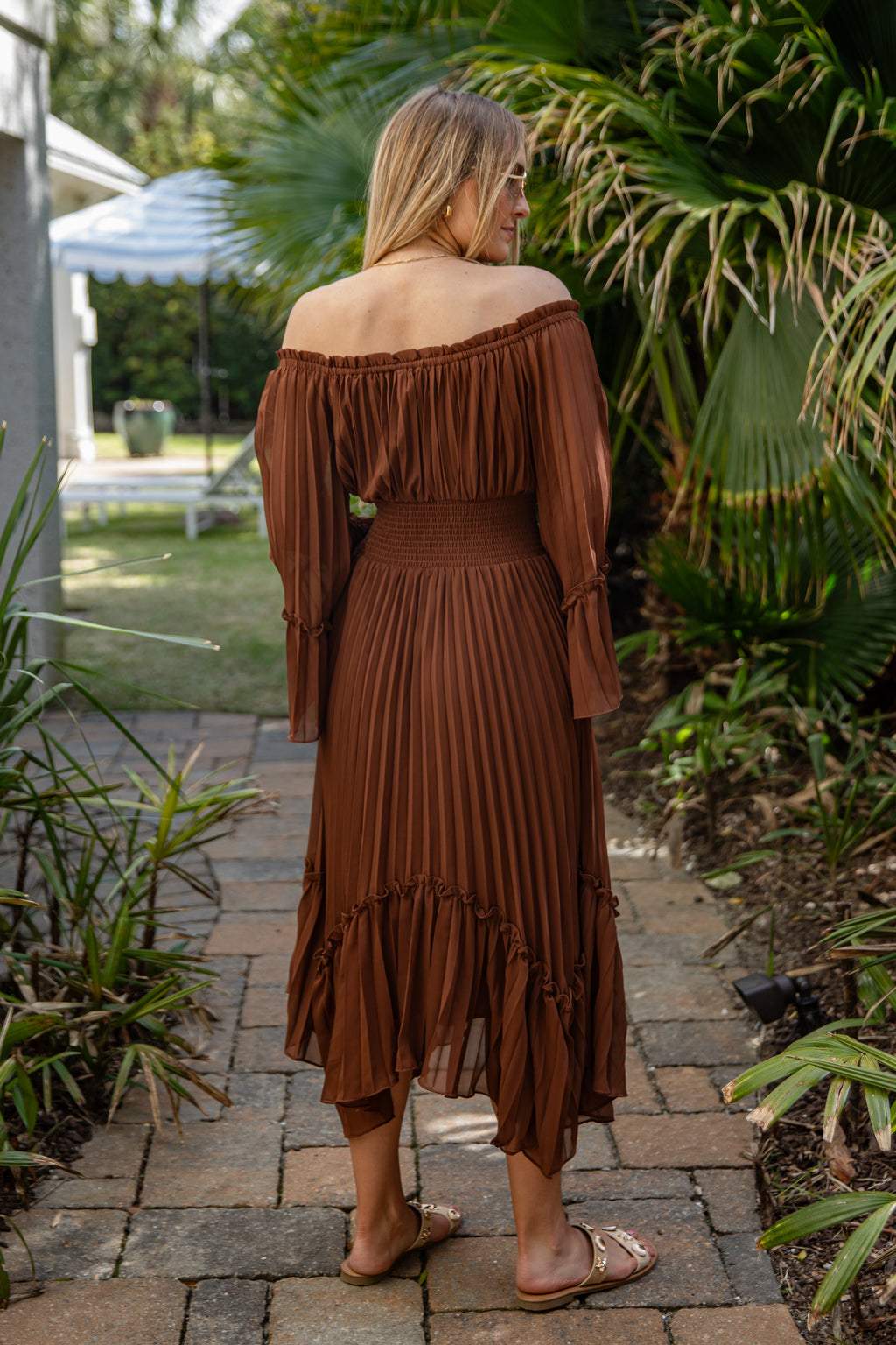 Elegant Charm Pleated Brown Maxi Dress