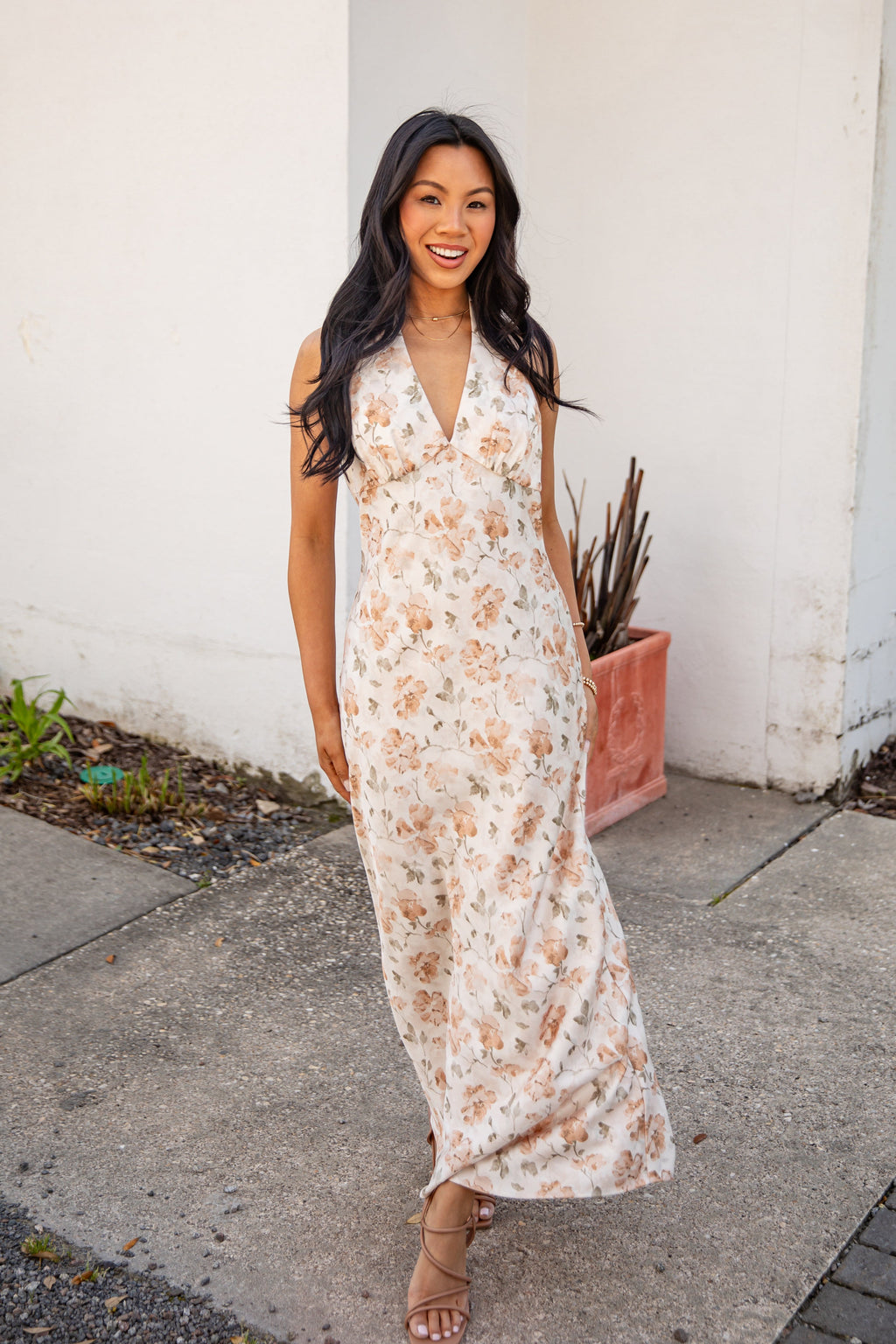 Blush Petals Cream Floral Halter Maxi Dress
