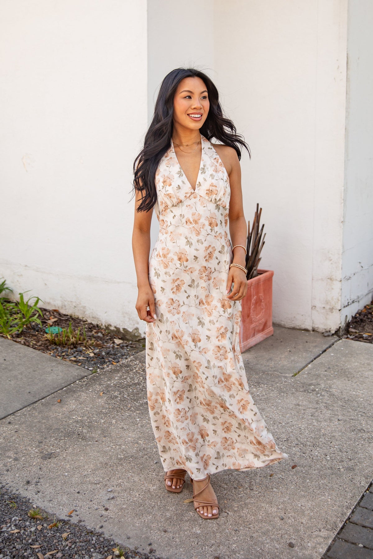 Blush Petals Cream Floral Halter Maxi Dress