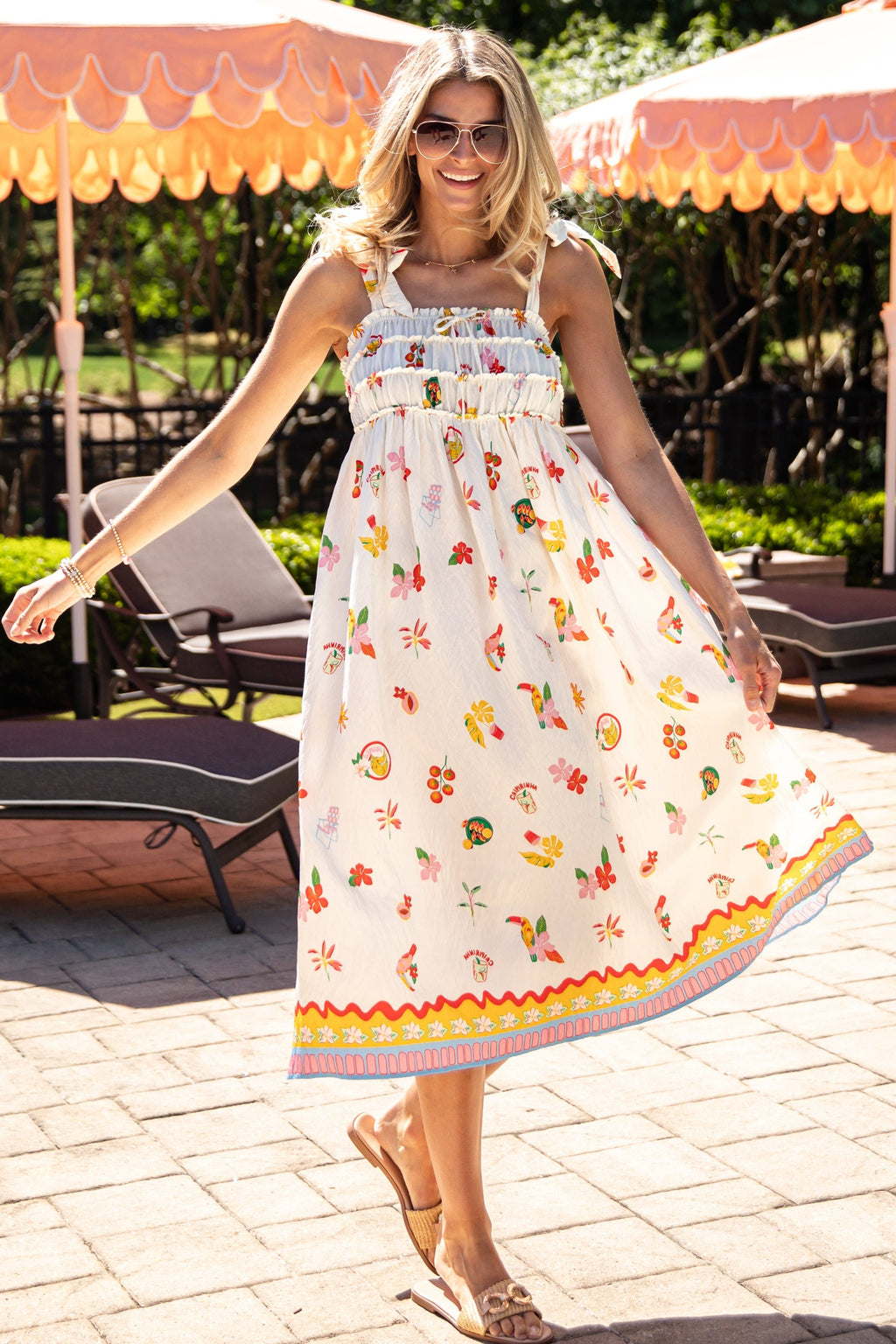 Summer Harvest Print Cream Midi Dress