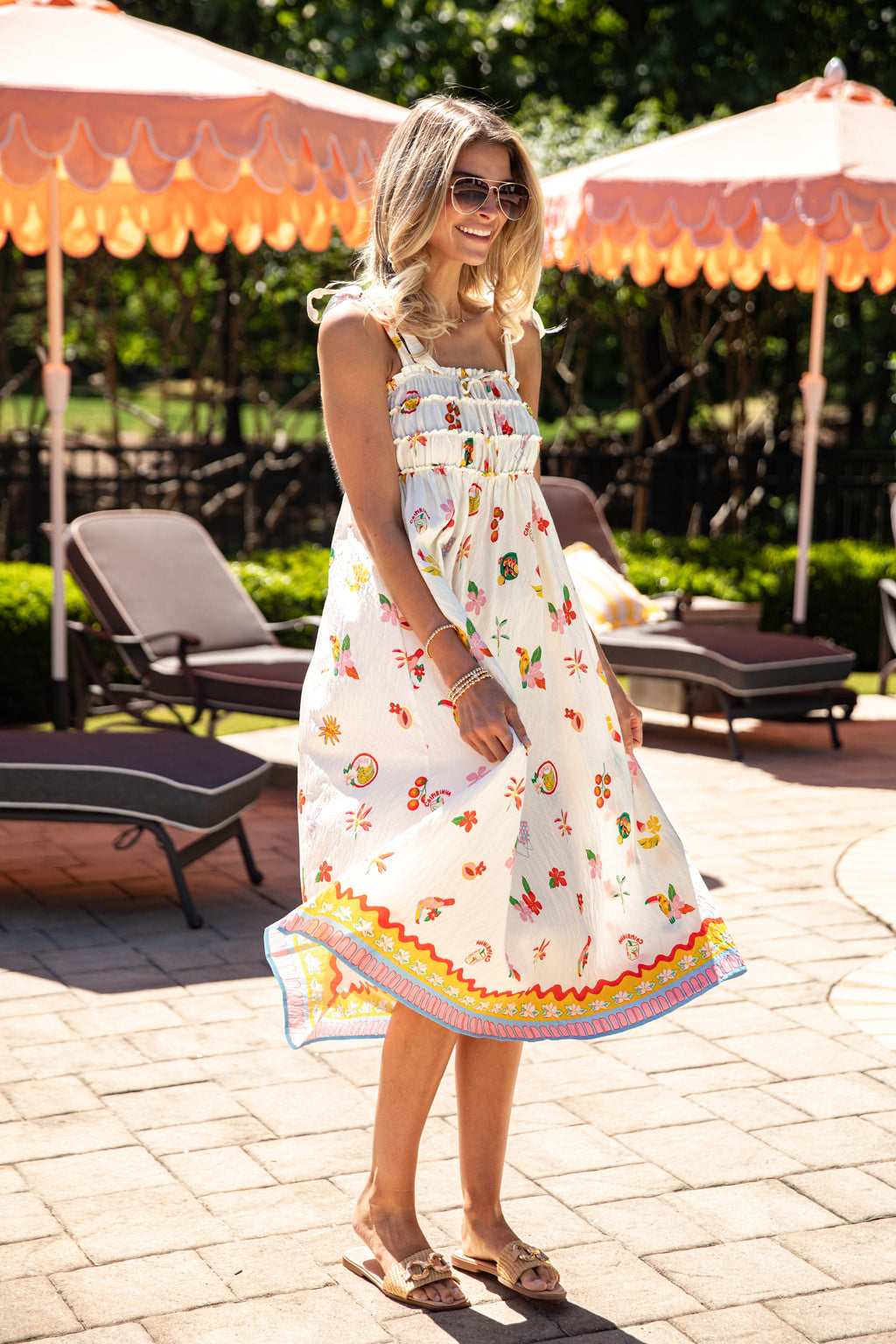 Summer Harvest Print Cream Midi Dress