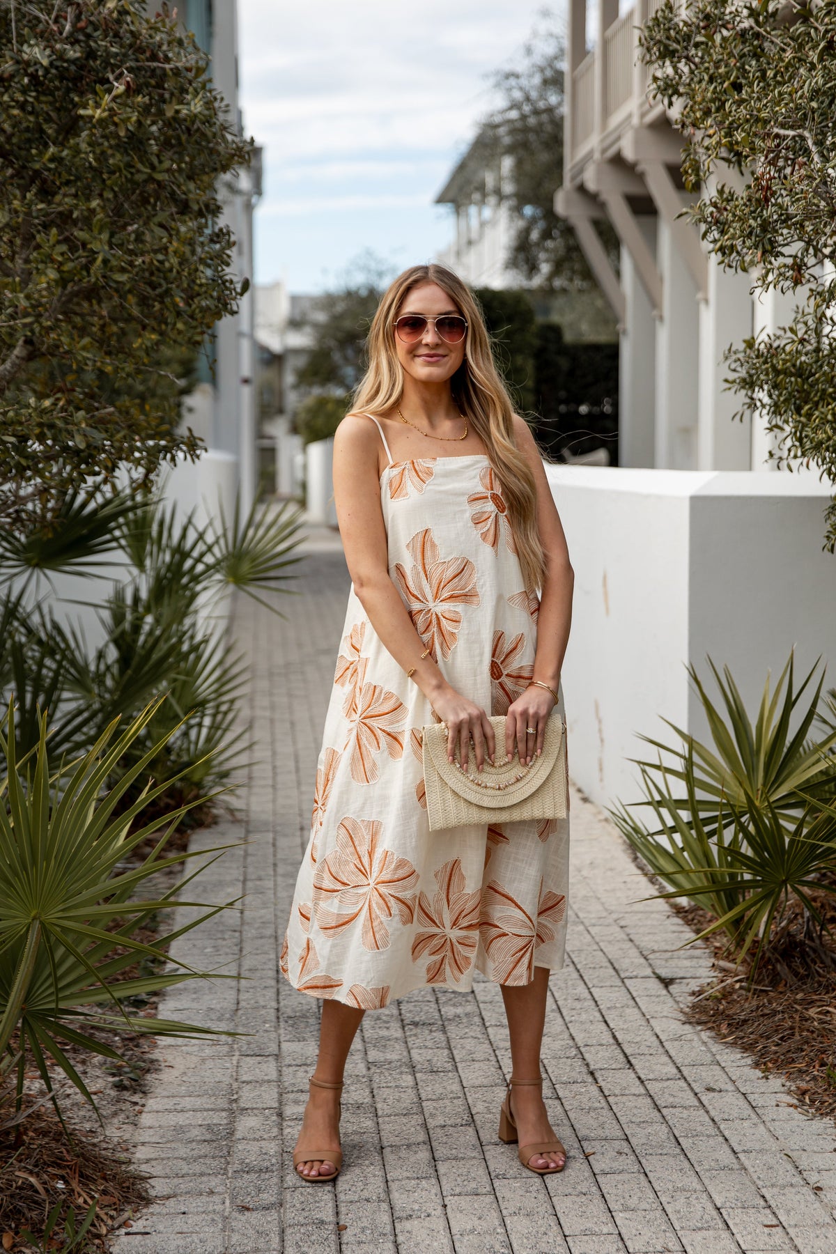 Tropical Destination Embroidered Floral Linen Midi Dress