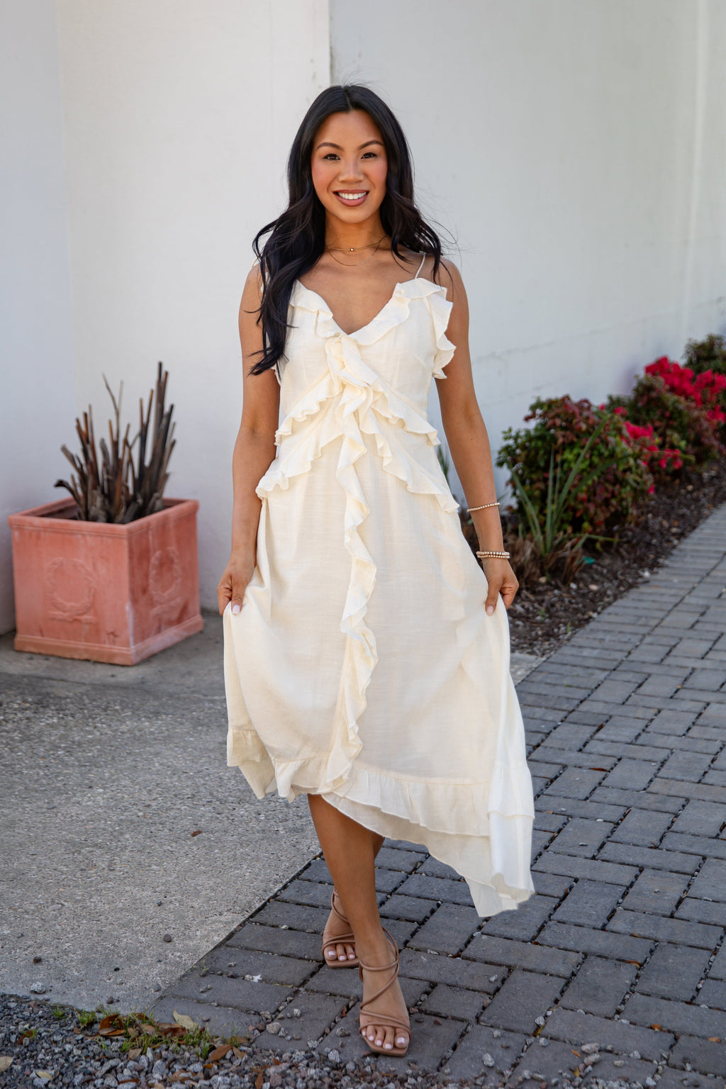 Always Invited Cream Ruffle Midi Dress