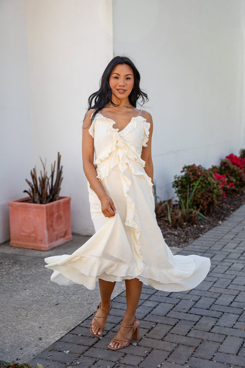 Always Invited Cream Ruffle Midi Dress