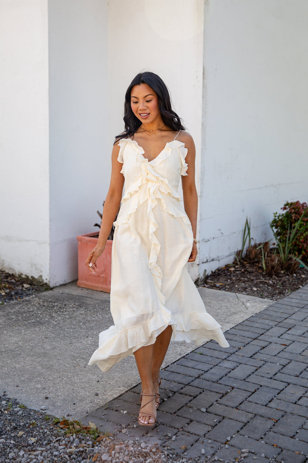 Always Invited Cream Ruffle Midi Dress