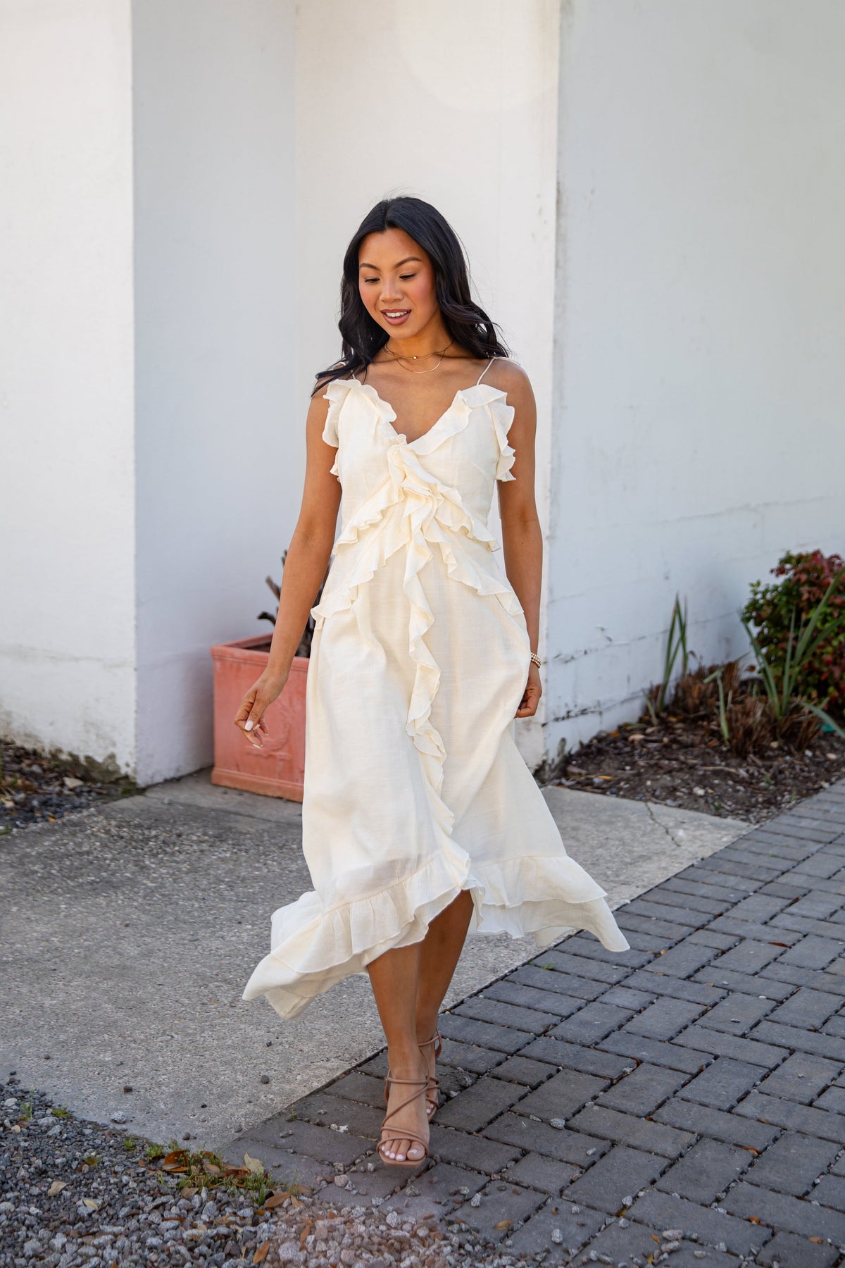 Always Invited Cream Ruffle Midi Dress