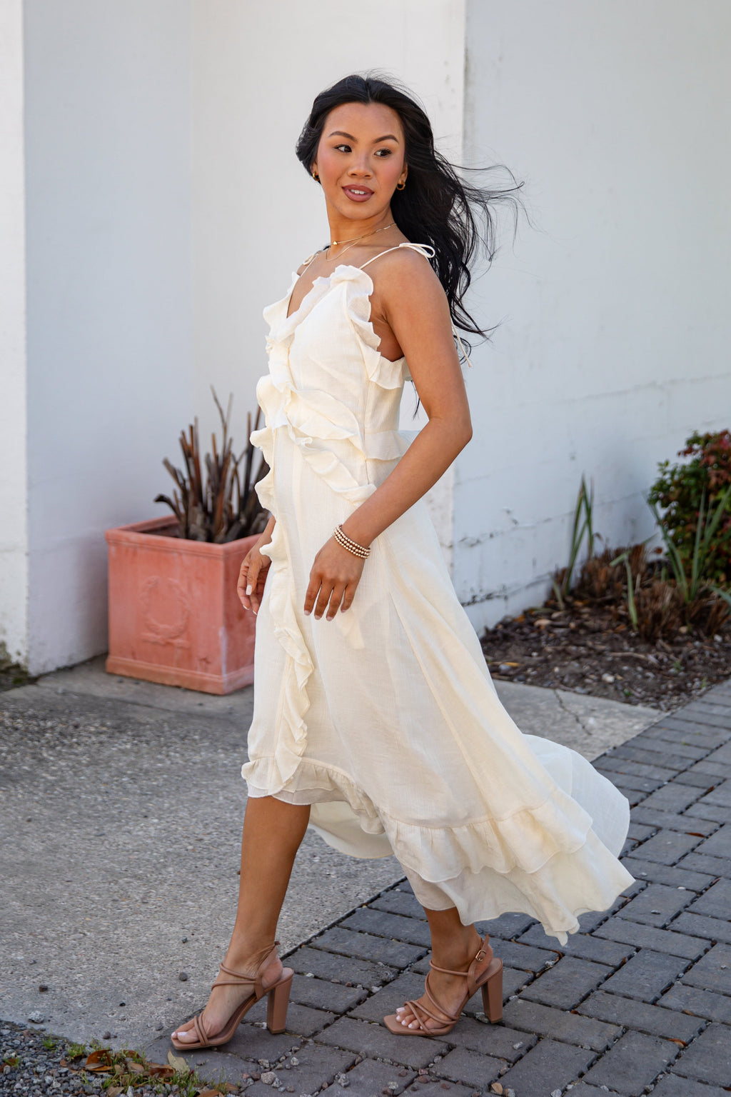 Always Invited Cream Ruffle Midi Dress