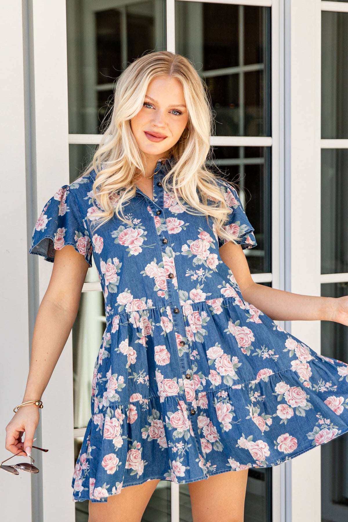FINAL SALE - In The Air Floral Denim Tiered Mini Dress