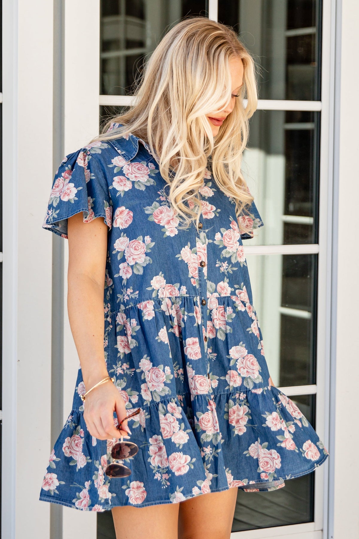 FINAL SALE - In The Air Floral Denim Tiered Mini Dress