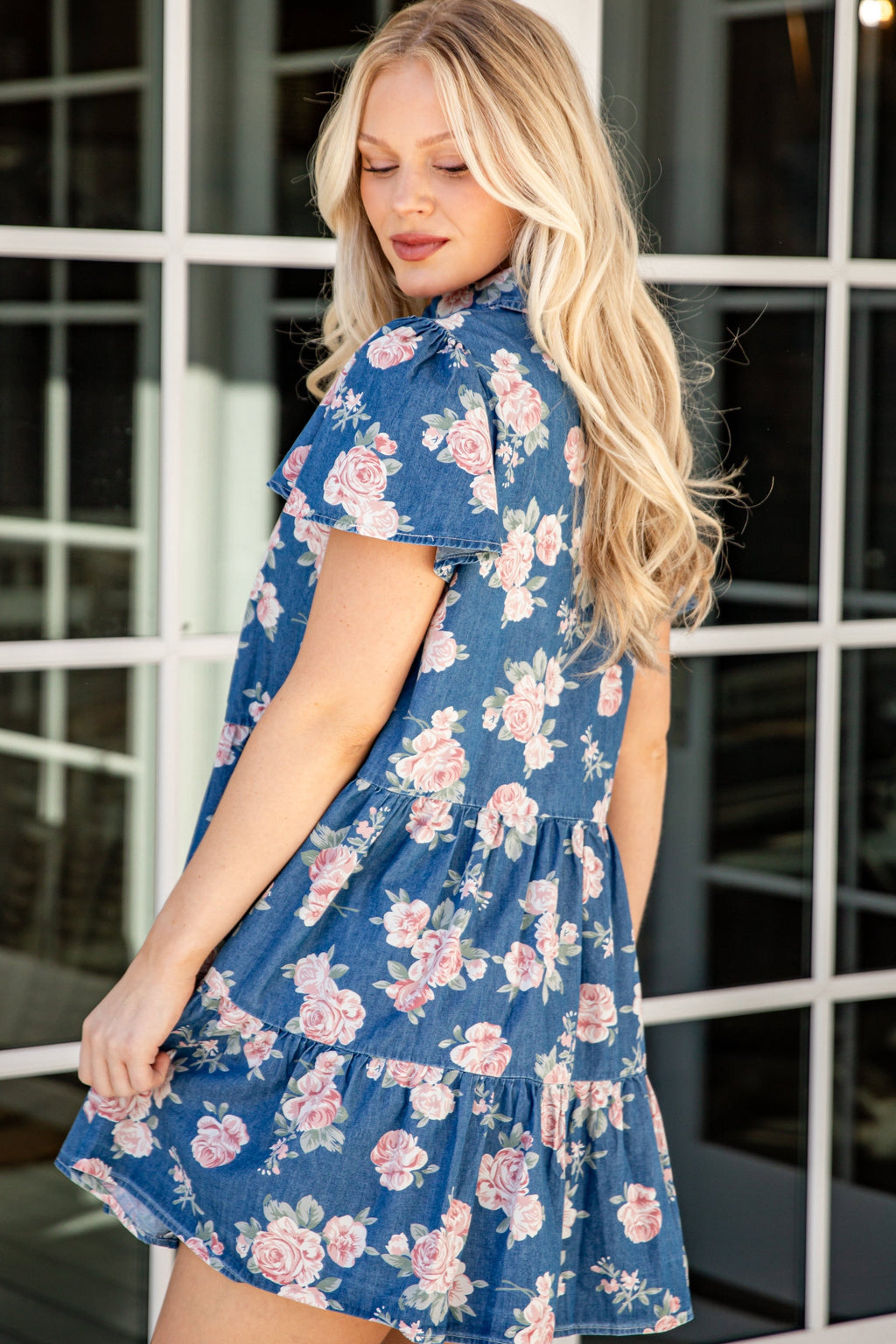 FINAL SALE - In The Air Floral Denim Tiered Mini Dress