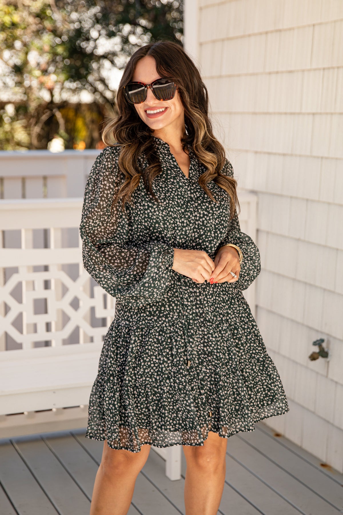 FINAL SALE - Darling Daisy Floral Tiered Green Mini Dress