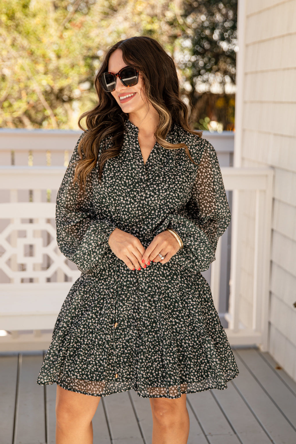 FINAL SALE - Darling Daisy Floral Tiered Green Mini Dress