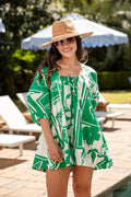 Palm Escape Printed Puff Sleeve Green Romper