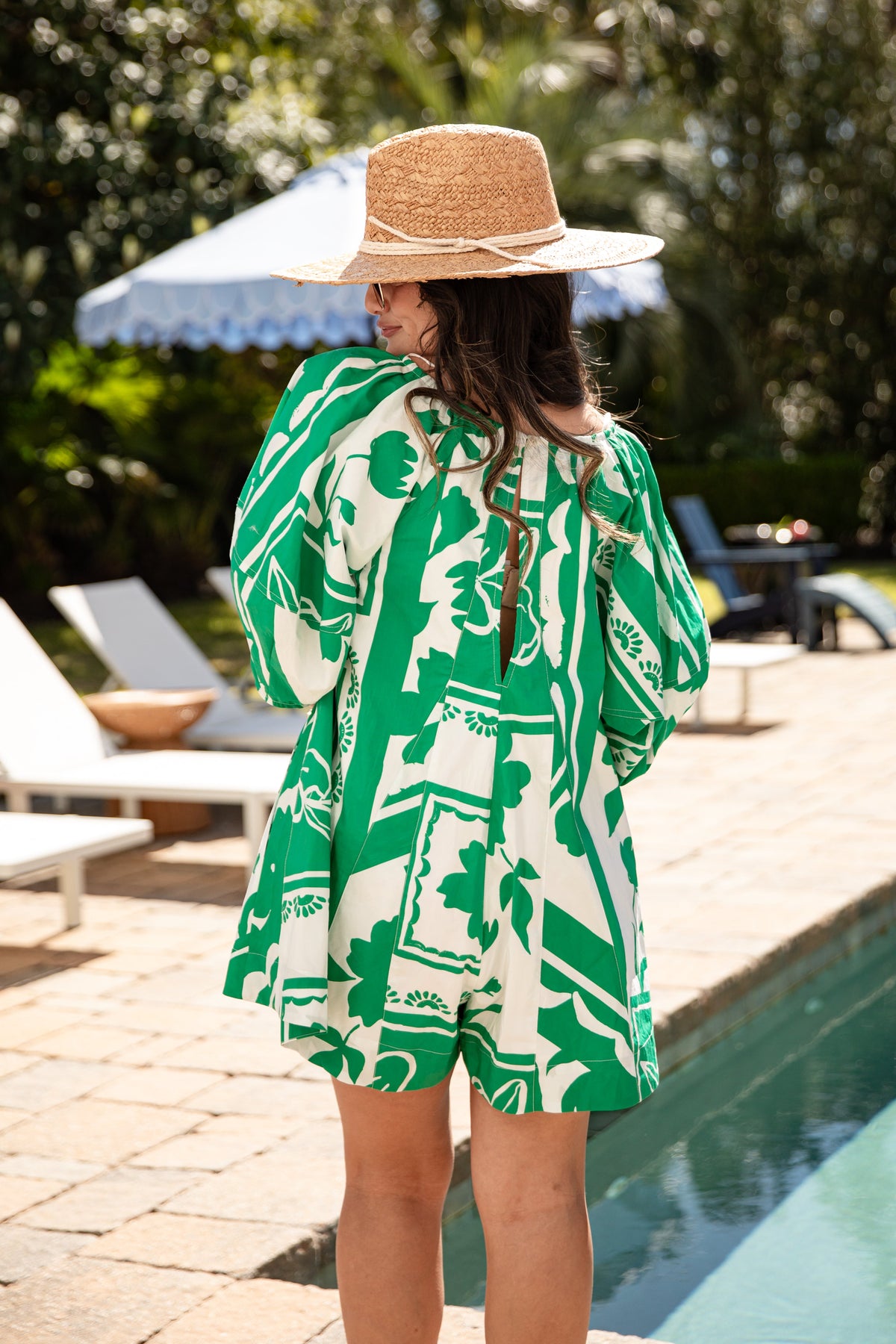 Palm Escape Printed Puff Sleeve Green Romper
