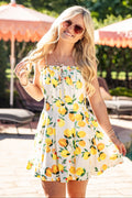 Coastal Citrus Yellow Lemon Print Mini Dress