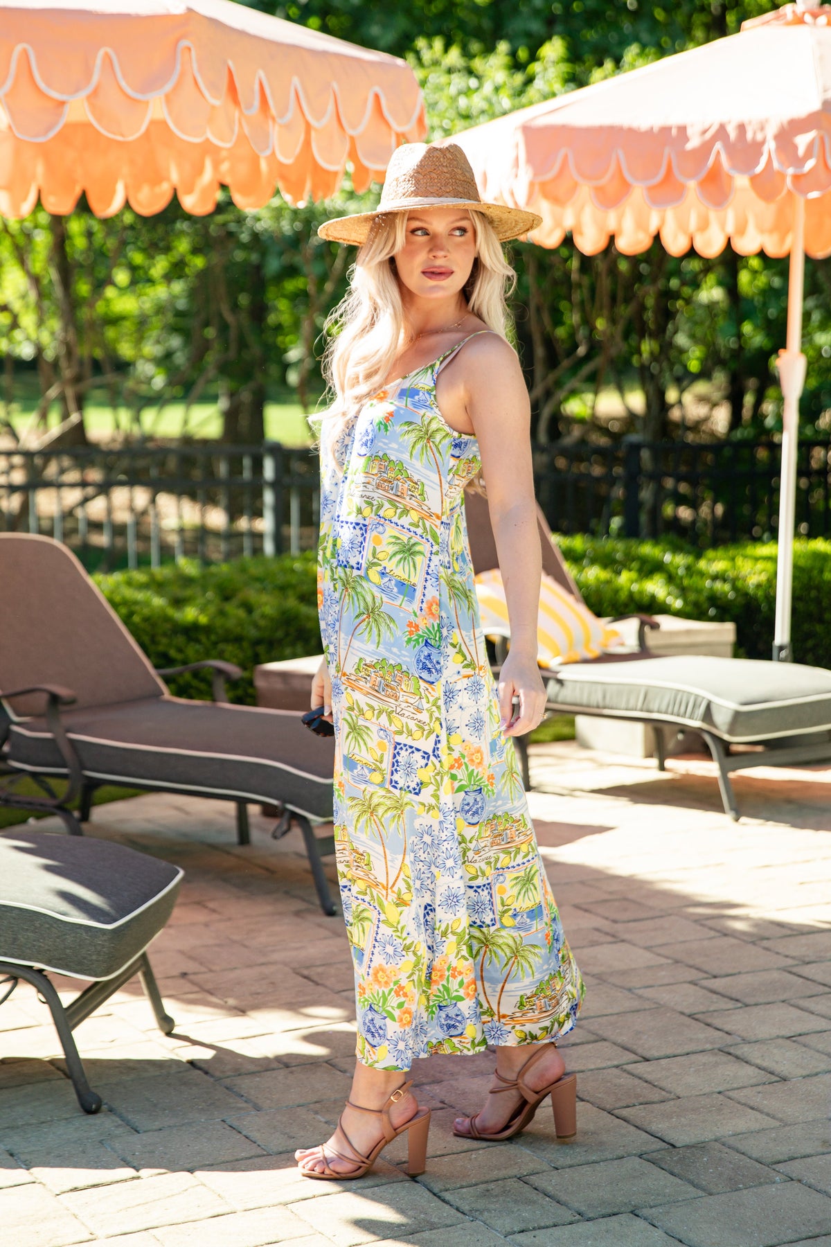 Palm Haven Tropical Print Ivory Midi Dress