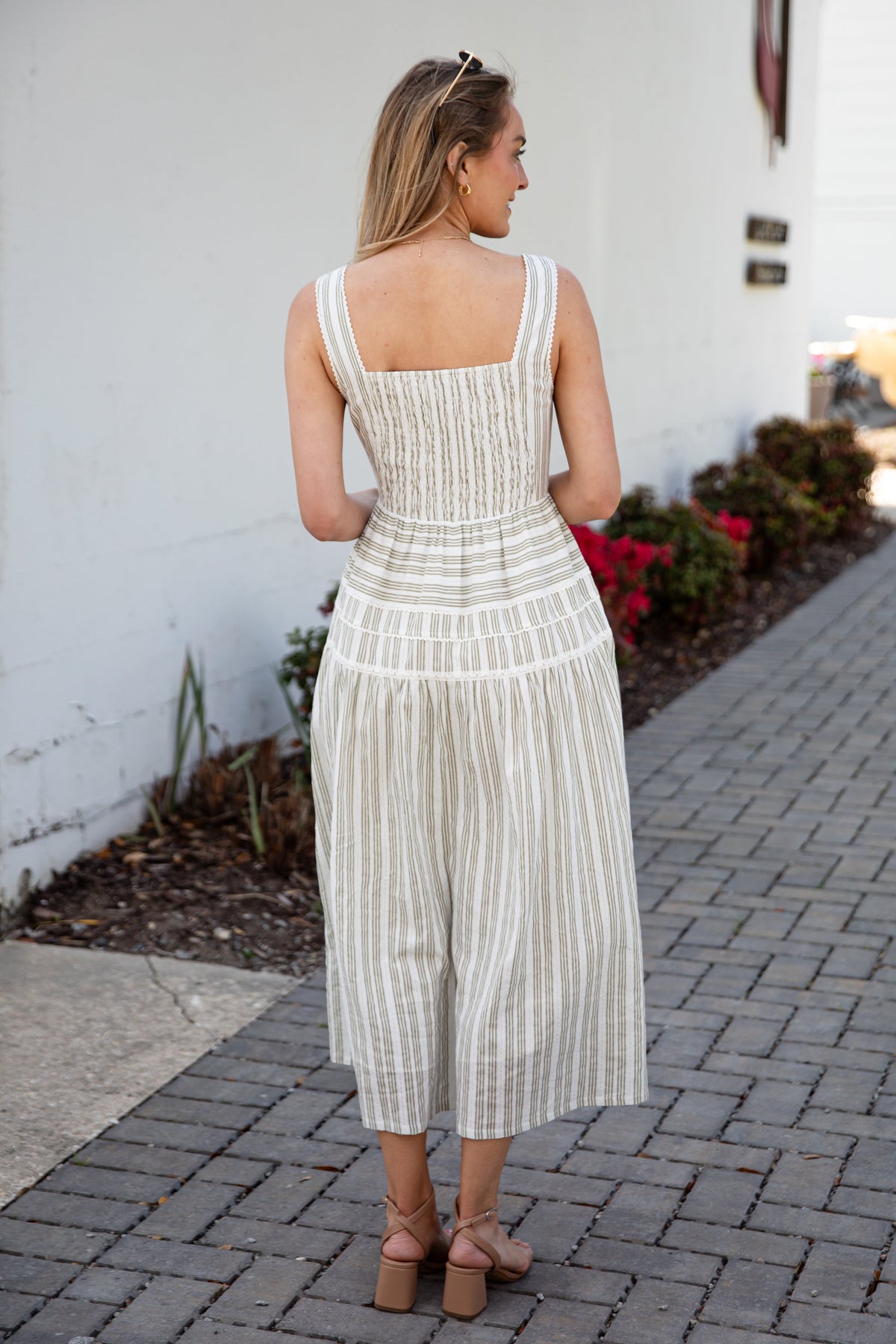 Seaside Stroll Striped Olive Maxi Dress