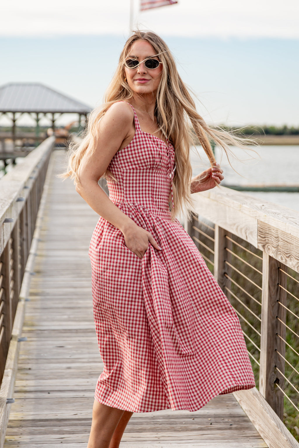 Sweet Cherry Red Plaid Midi Dress