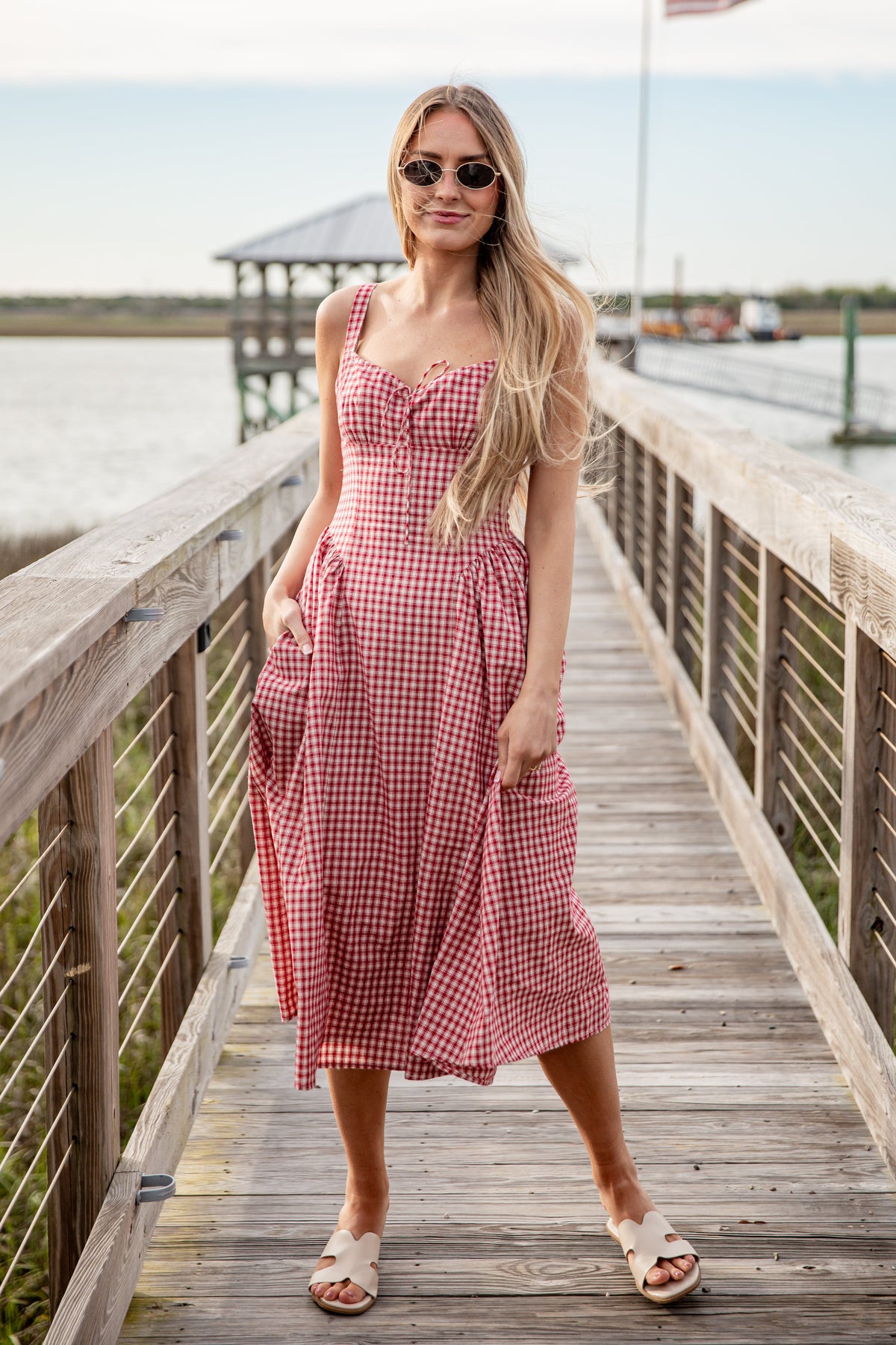 Sweet Cherry Red Plaid Midi Dress