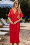 Falling For You Red Puff Sleeve Midi Dress