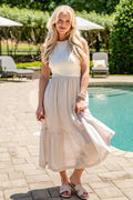 Sweet Adoration Taupe Striped Contrast Midi Dress