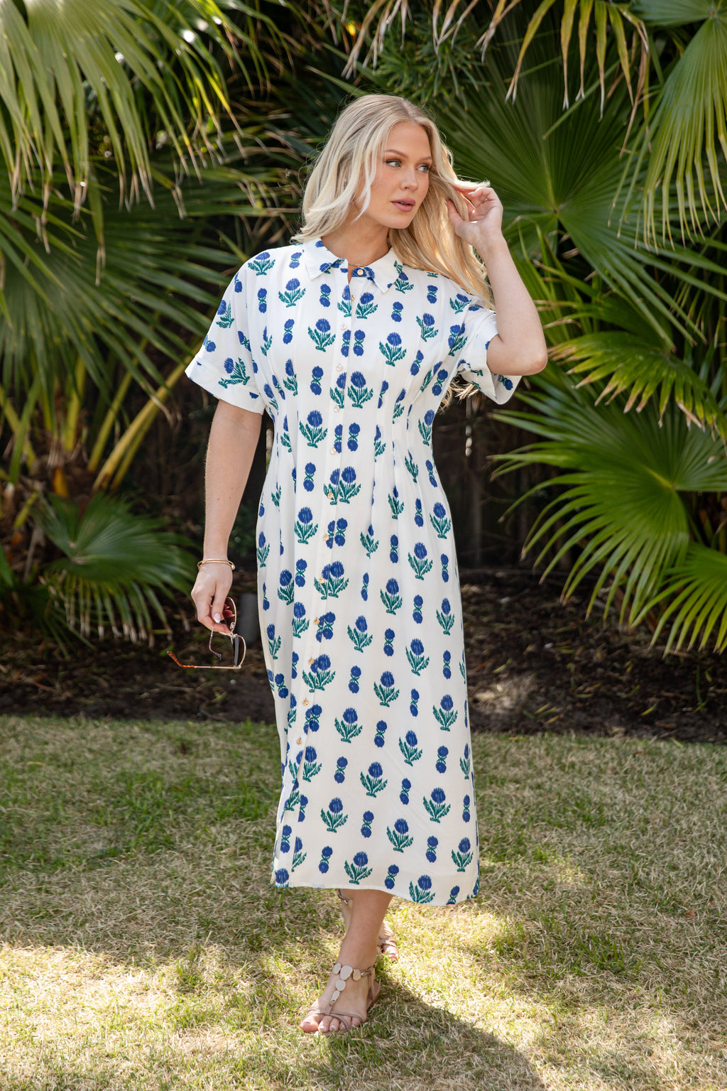 French Florals White Printed Midi Dress