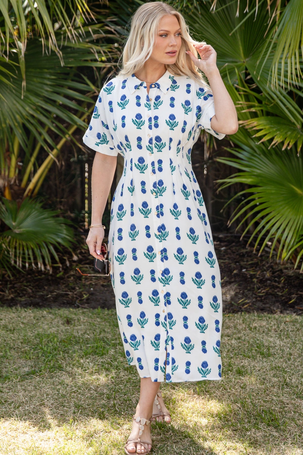 French Florals White Printed Midi Dress