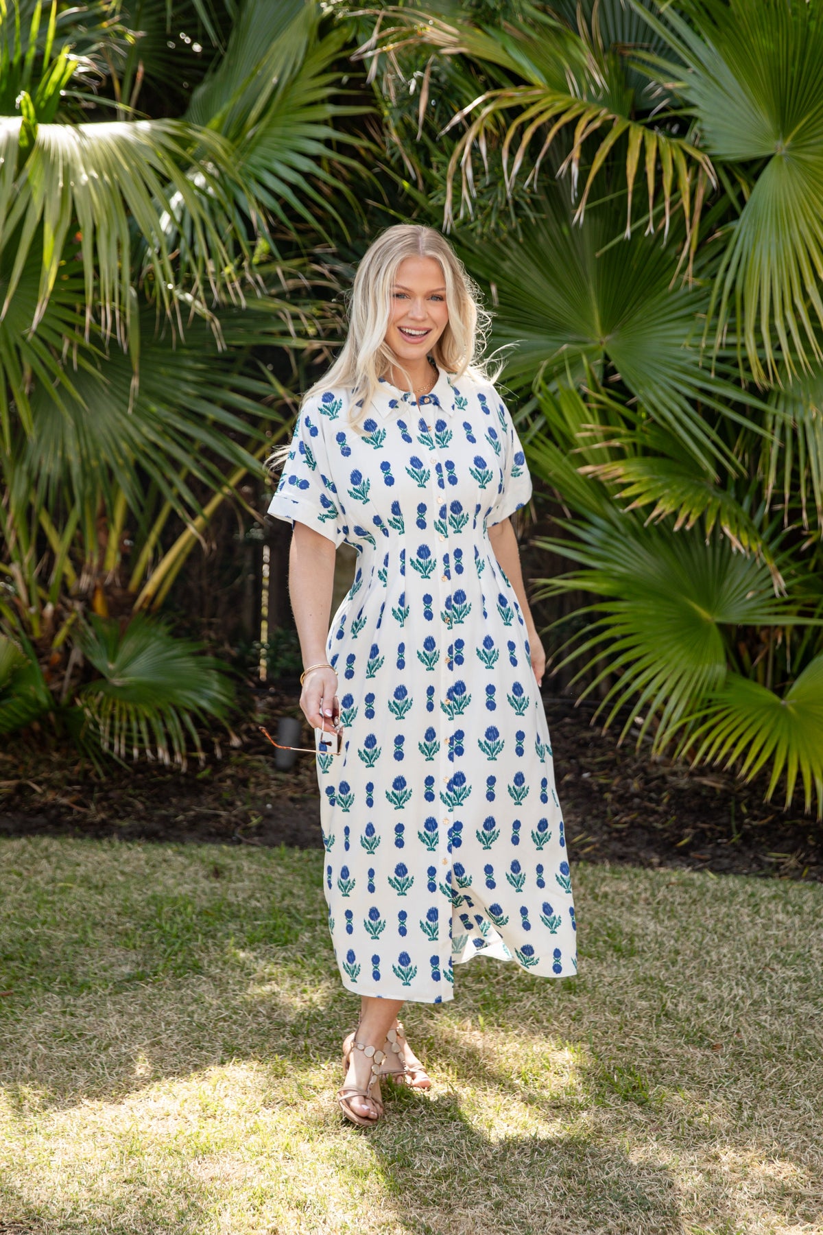 French Florals White Printed Midi Dress