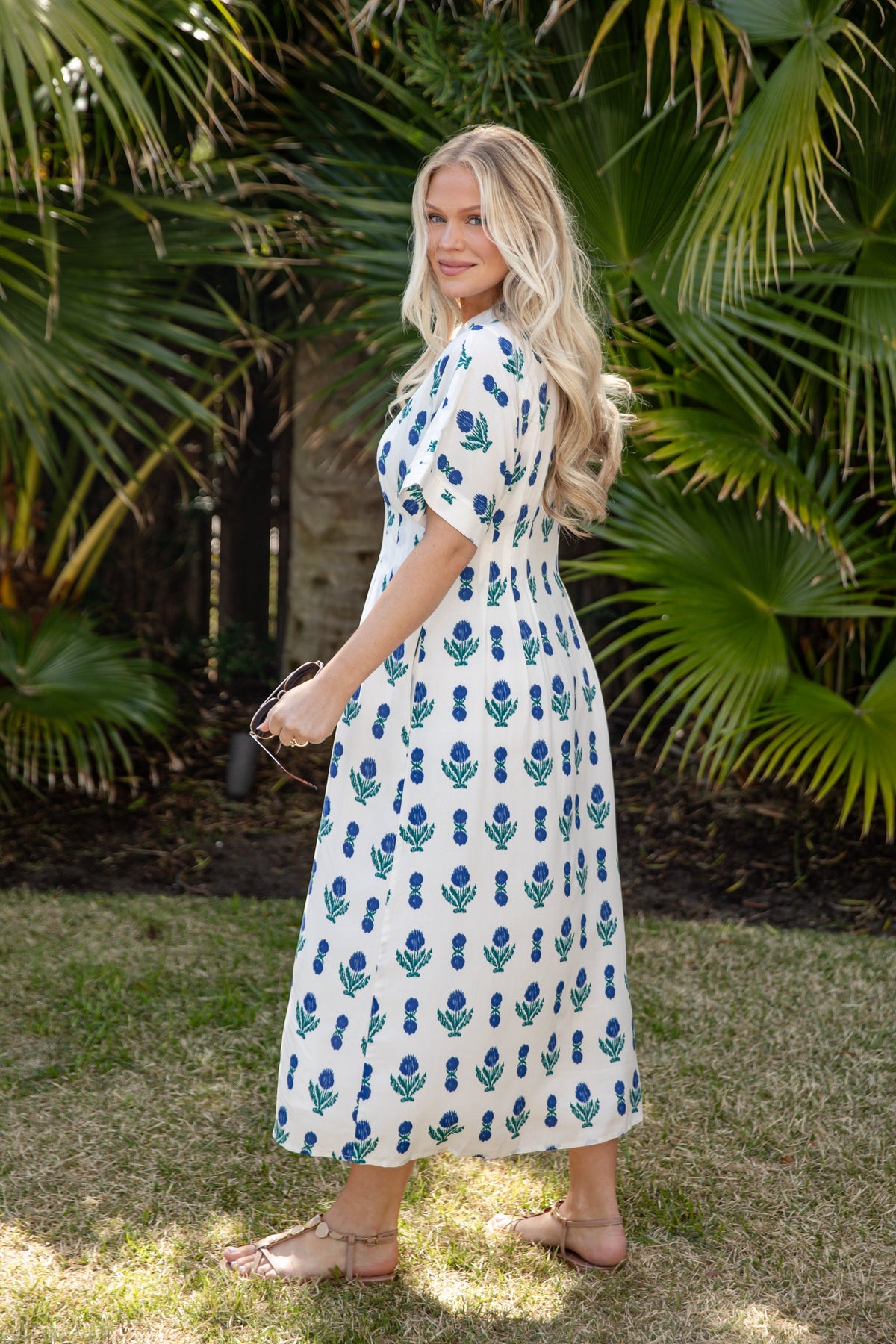 French Florals White Printed Midi Dress