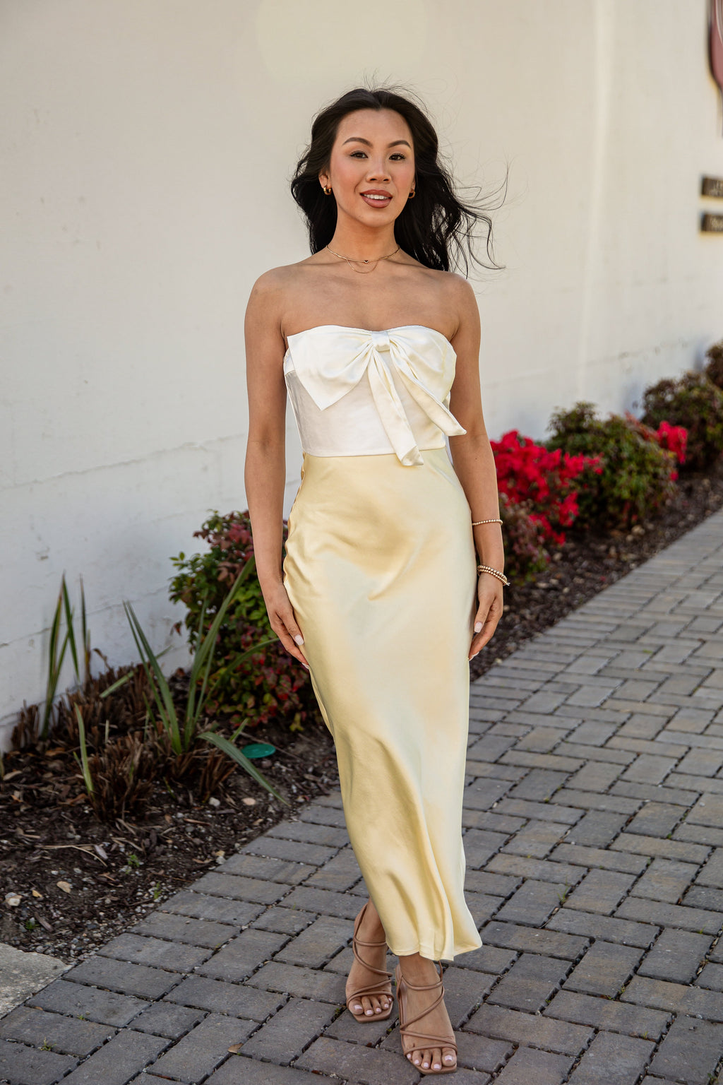 Unforgettable Entrance Yellow Bow Satin Midi Dress
