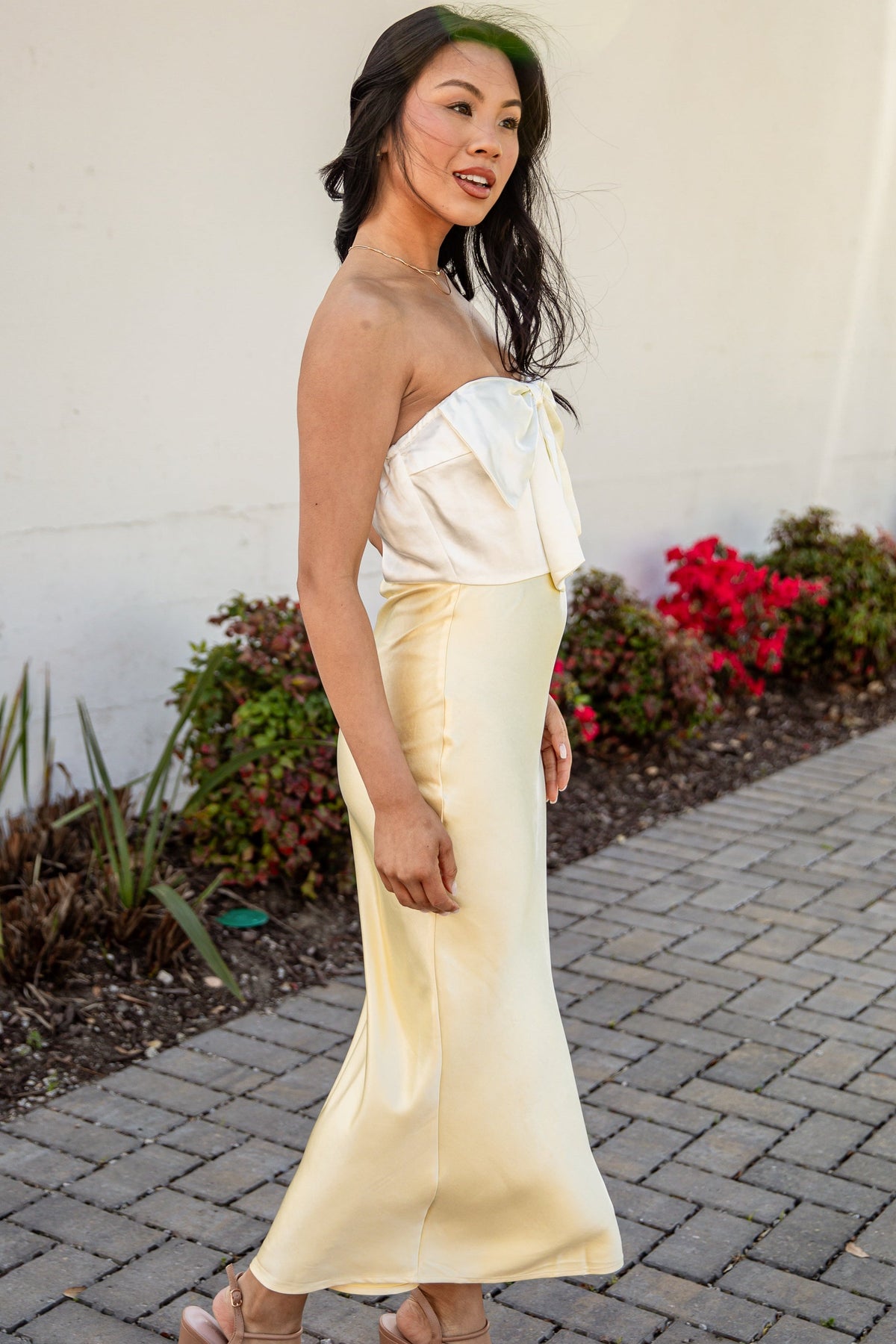 Unforgettable Entrance Yellow Bow Satin Midi Dress